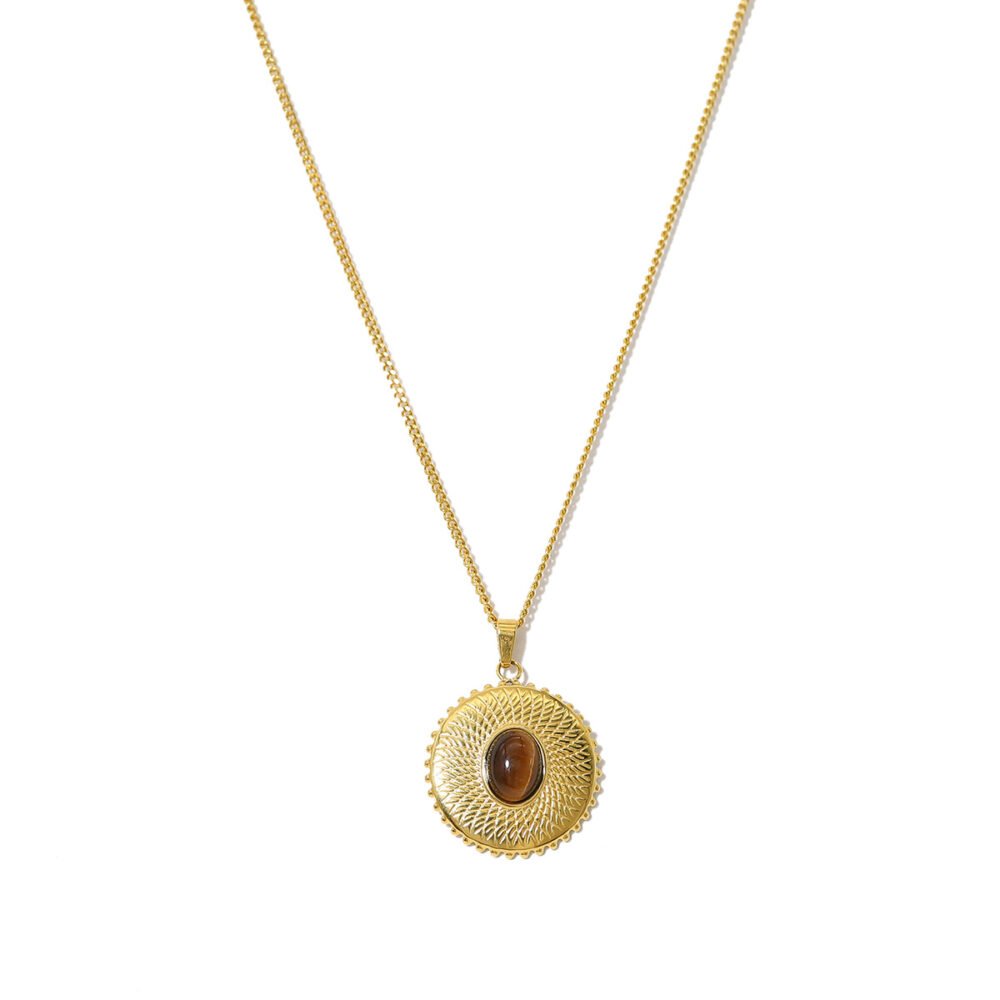 Stainless Steel Tiger Eye Stone Embossed Round Pendant Necklace - Image 5
