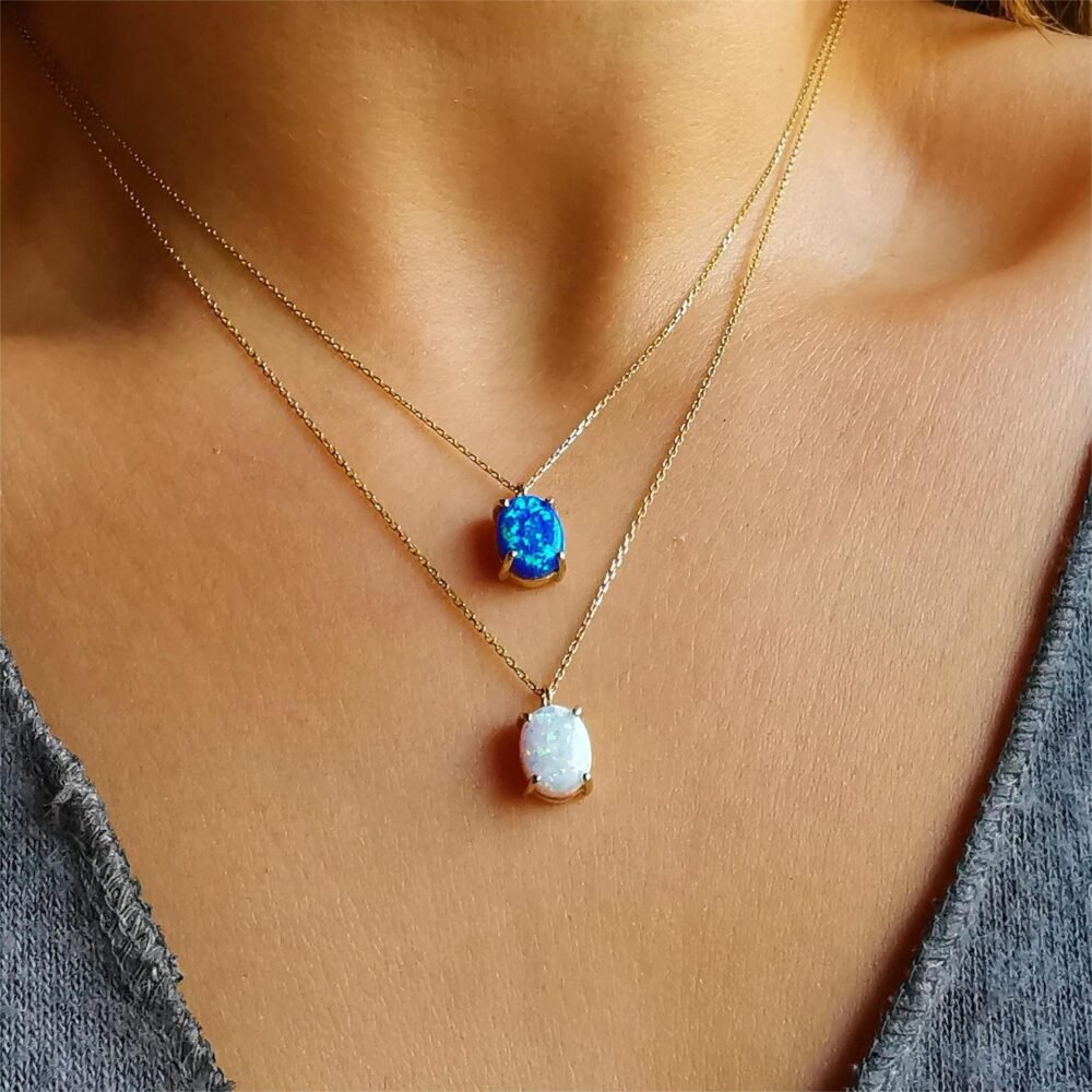 Blue And White Cat Eye Natural Stone Pendant Necklace - Image 2