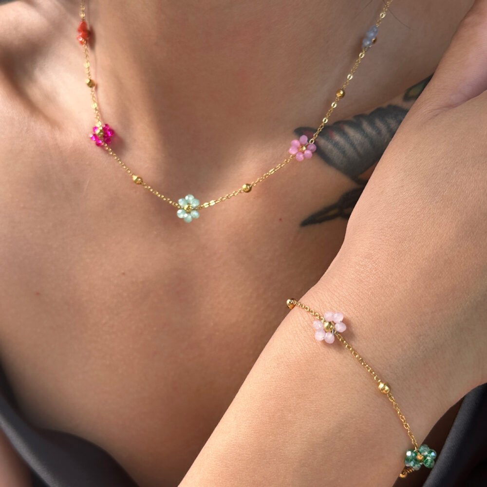 Factory Color Pink Flower Necklace Waist Chain Anklet Set