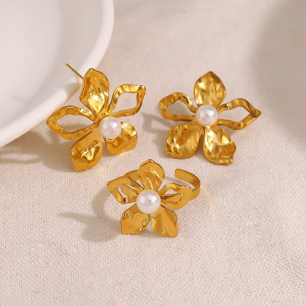 Stainless Steel Flower Pearl Earring Set - Image 4
