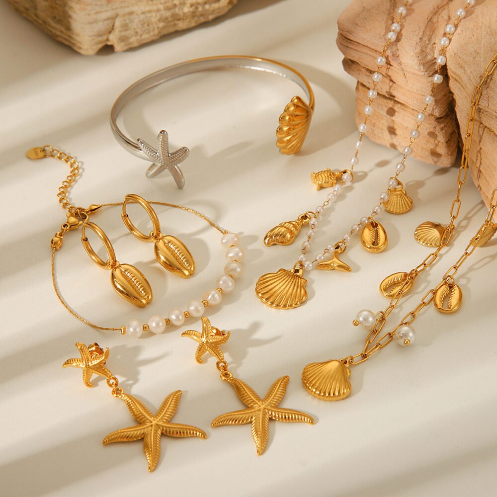 Ocean Stainless Steel Starfish Pearl Scallop Jewelry Set