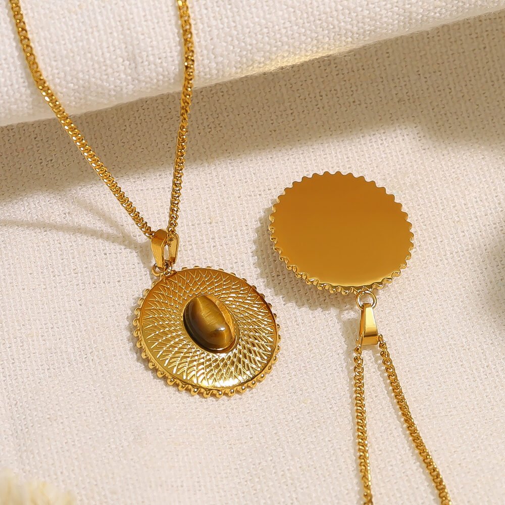 Stainless Steel Tiger Eye Stone Embossed Round Pendant Necklace - Image 3