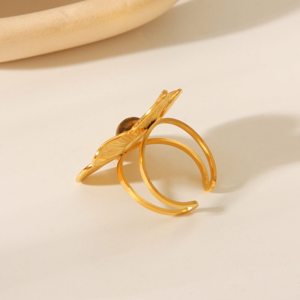 Stainless Steel Inlaid Tiger Eye Stone Flower Ring - Image 3