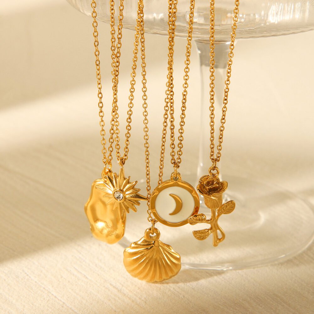 Rose Eight Pointed Star Moon Scallop Necklace - Image 3