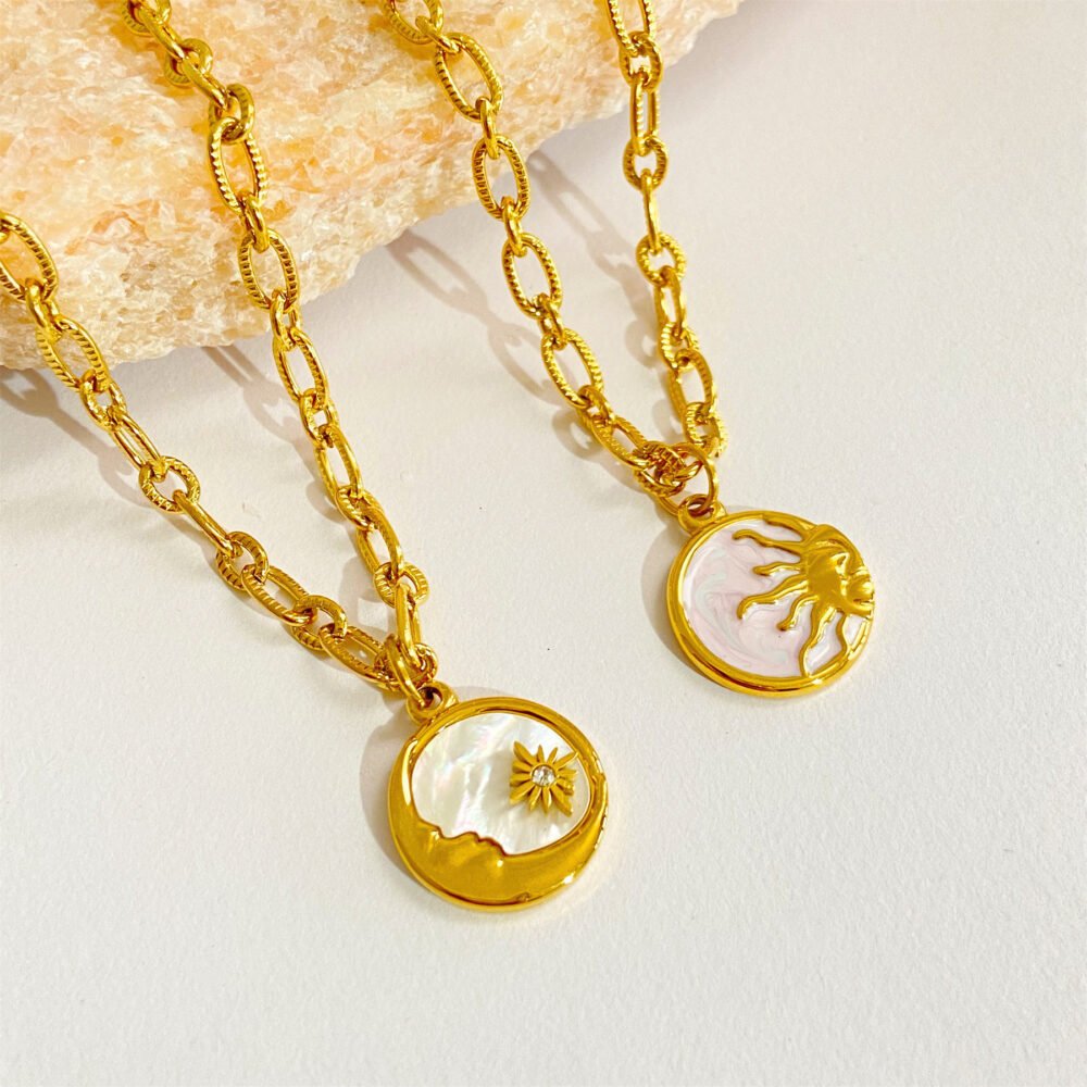 Three-Dimensional Sun And Moon Round Coin Necklace Mother Shell Pendant Ornament - Image 3