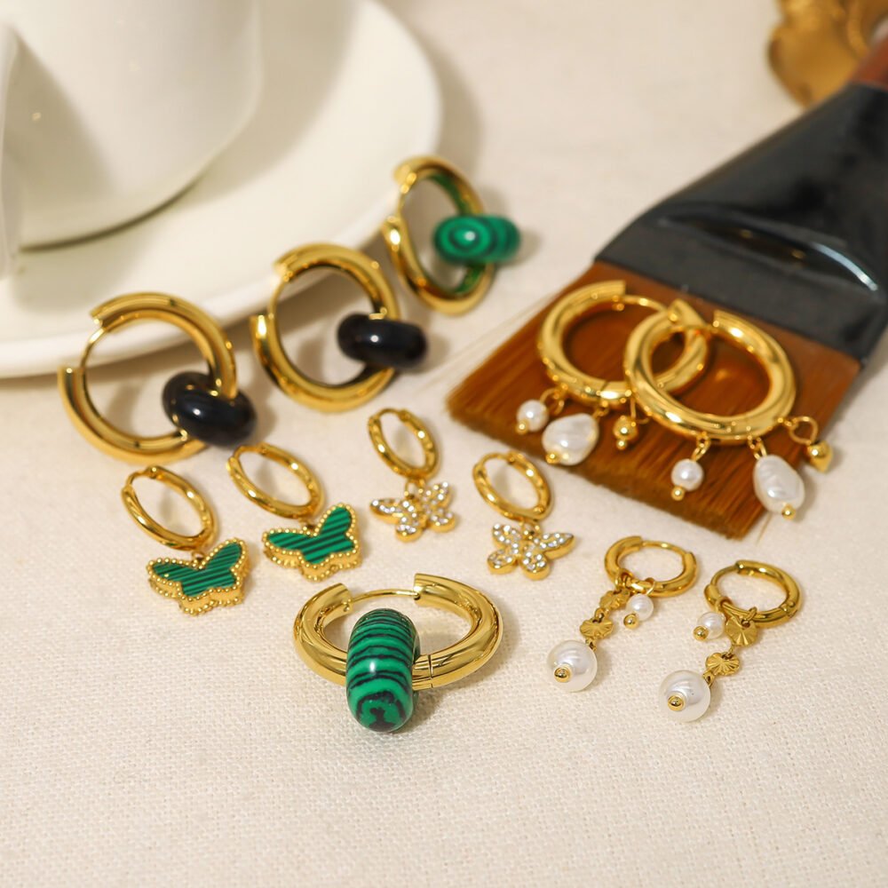 Malachite Inlaid Butterfly Pendant Pearl Earrings - Image 3