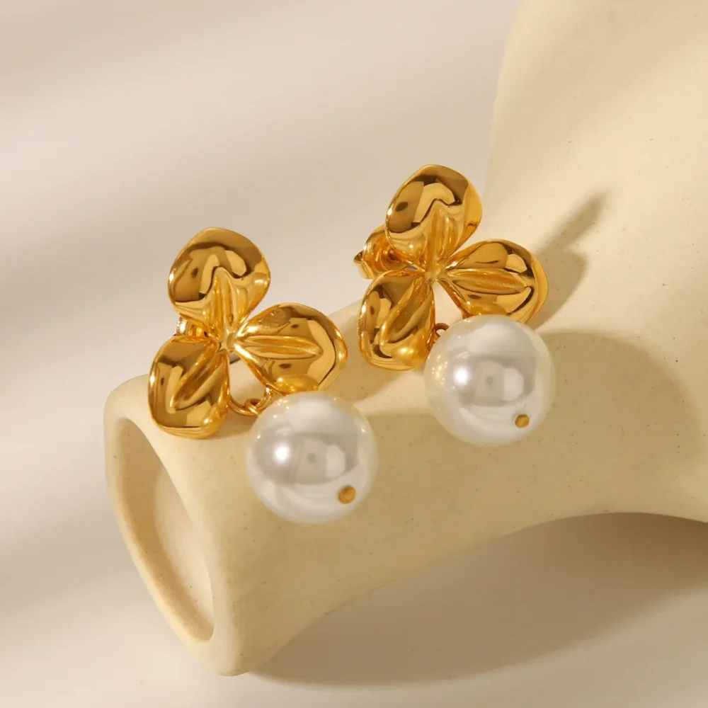 Stainless Steel Flower Pearl Earrings - Image 4