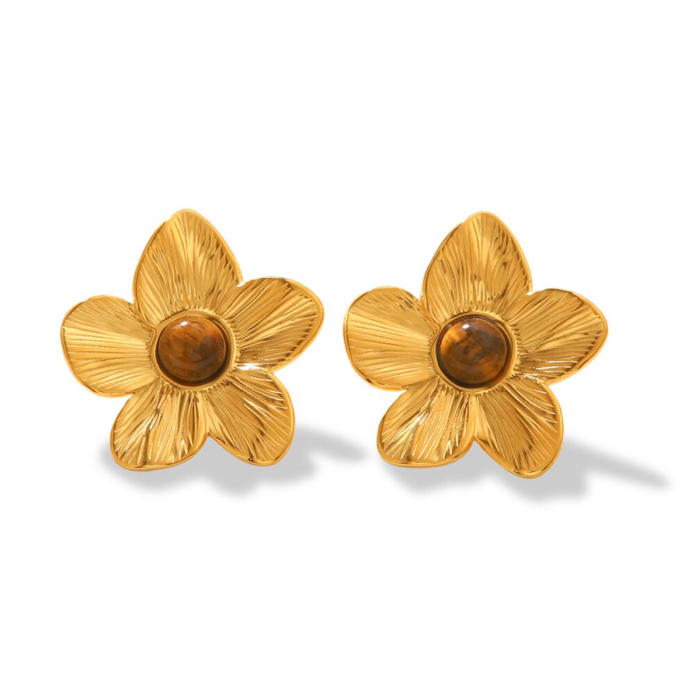 Stainless Steel Inlaid Tiger Eye Stone Flower Earrings - Image 5