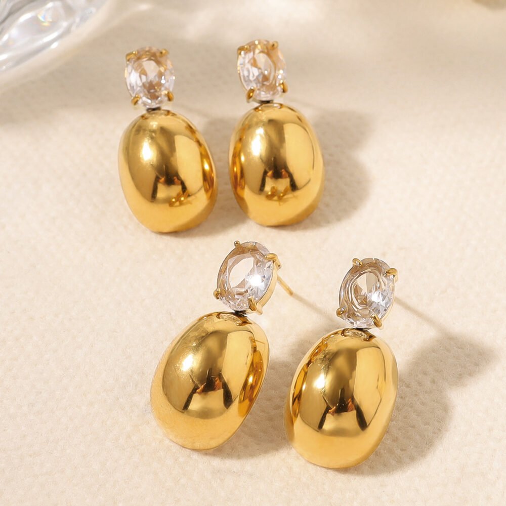 18K Gold Stainless Steel Water Drop Zircon Long Earrings - Image 3