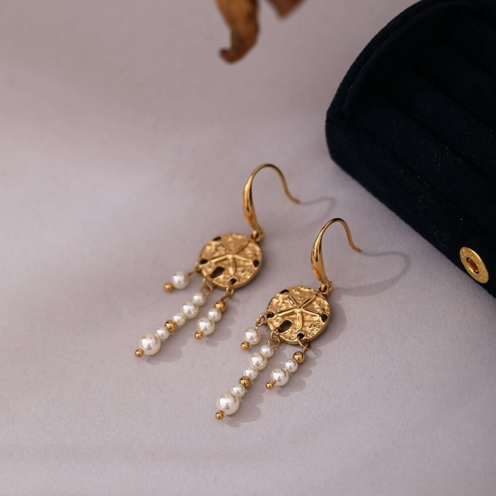 Ethnic Bohemian Dreamcatcher Starfish Ocean Ear Hook Gold Pearl Earrings - Image 3