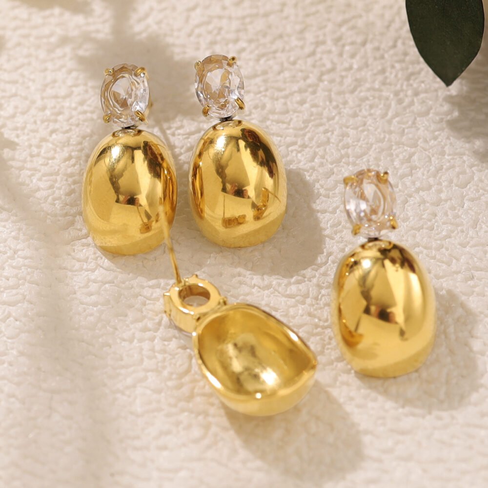 18K Gold Stainless Steel Water Drop Zircon Long Earrings - Image 2