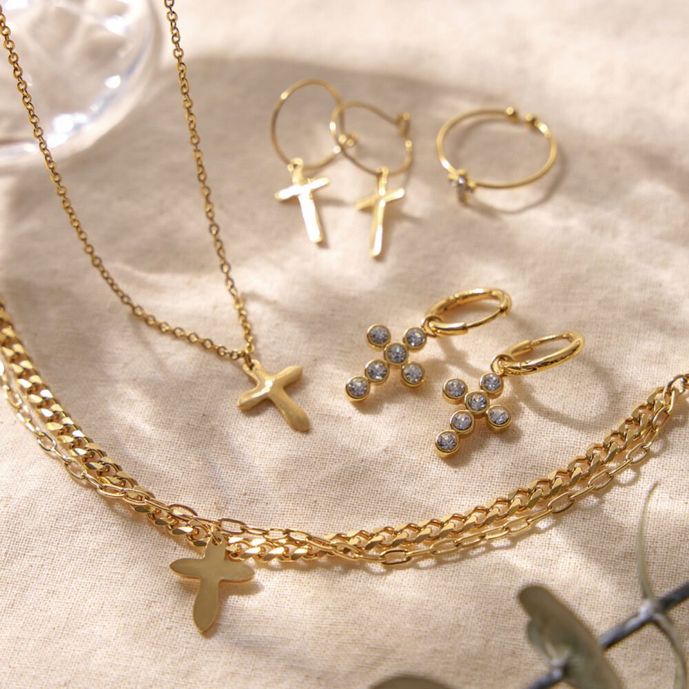 Cross Pendant Round Zircon Earring Necklace Set - Image 2