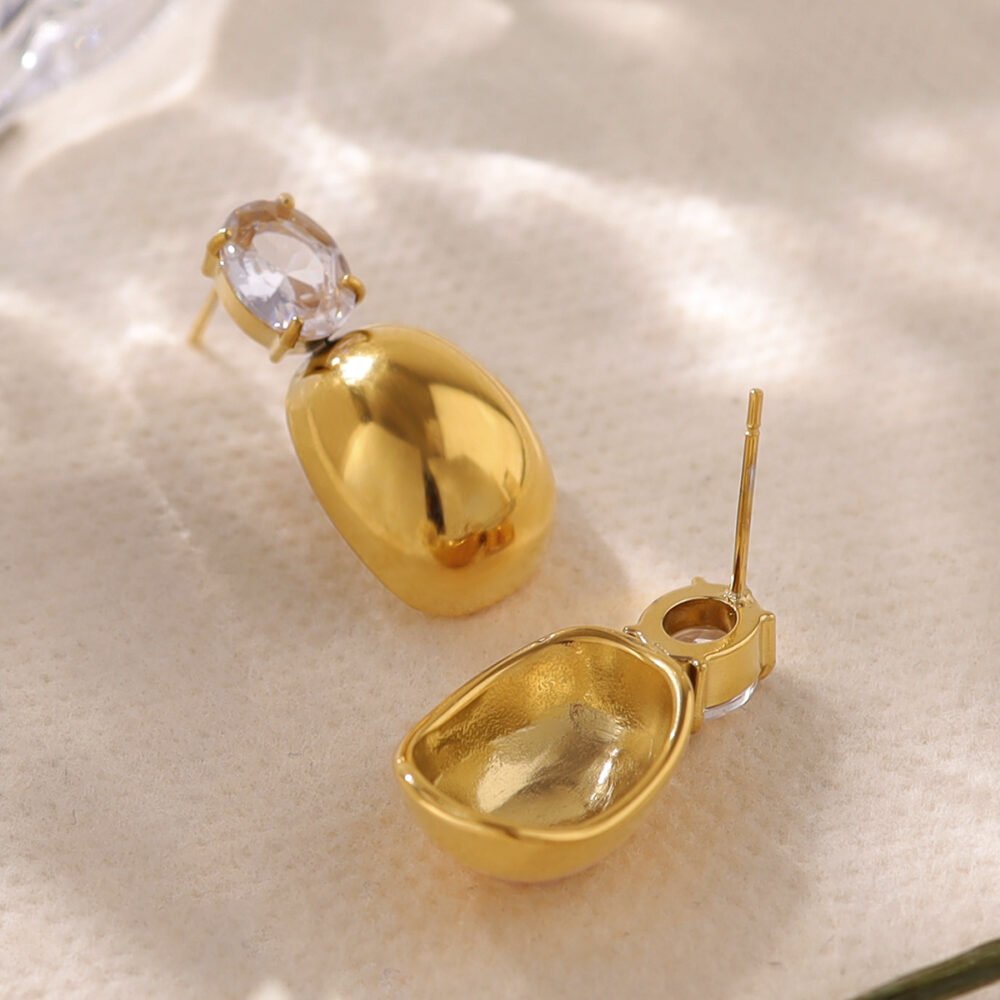 18K Gold Stainless Steel Water Drop Zircon Long Earrings - Image 4