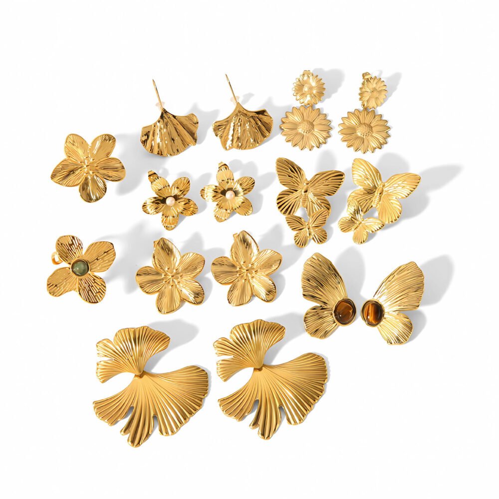 Butterfly Sunflower Stainless Steel Ginkgo Leaf Earrings - Image 5