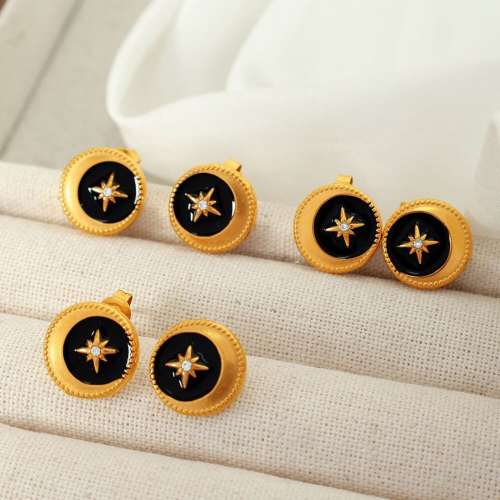 Lace Disc Eccentric Black Drop Oil Star Earrings - Image 4