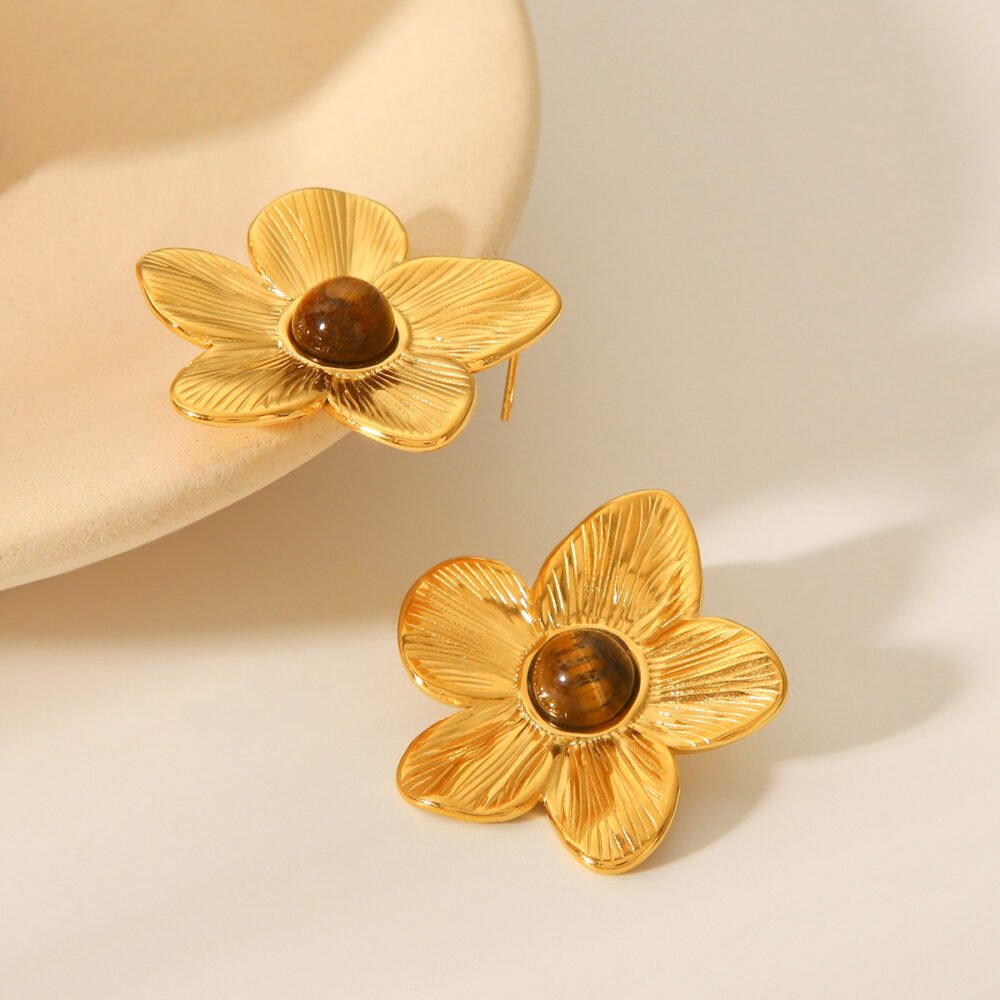 Stainless Steel Inlaid Tiger Eye Stone Flower Earrings - Image 2
