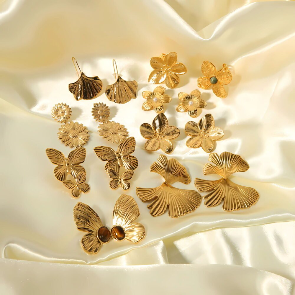 Butterfly Sunflower Stainless Steel Ginkgo Leaf Earrings - Image 2