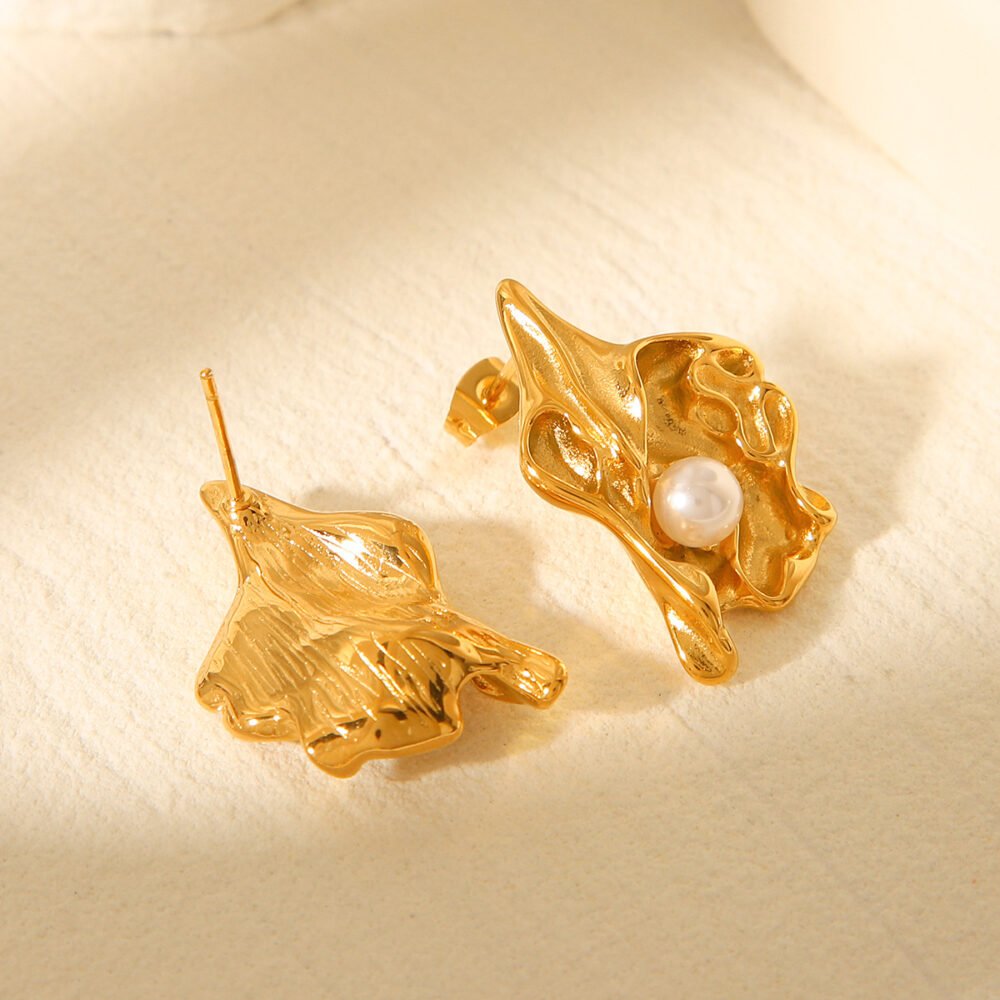 Stainless Steel Wrinkled Lava Flower Pearl Earrings - Image 2