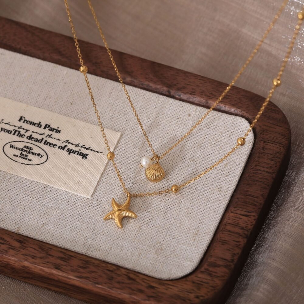 Double-Layer Starfish Shell Summer Vacation Chain Stacked Necklace - Image 4