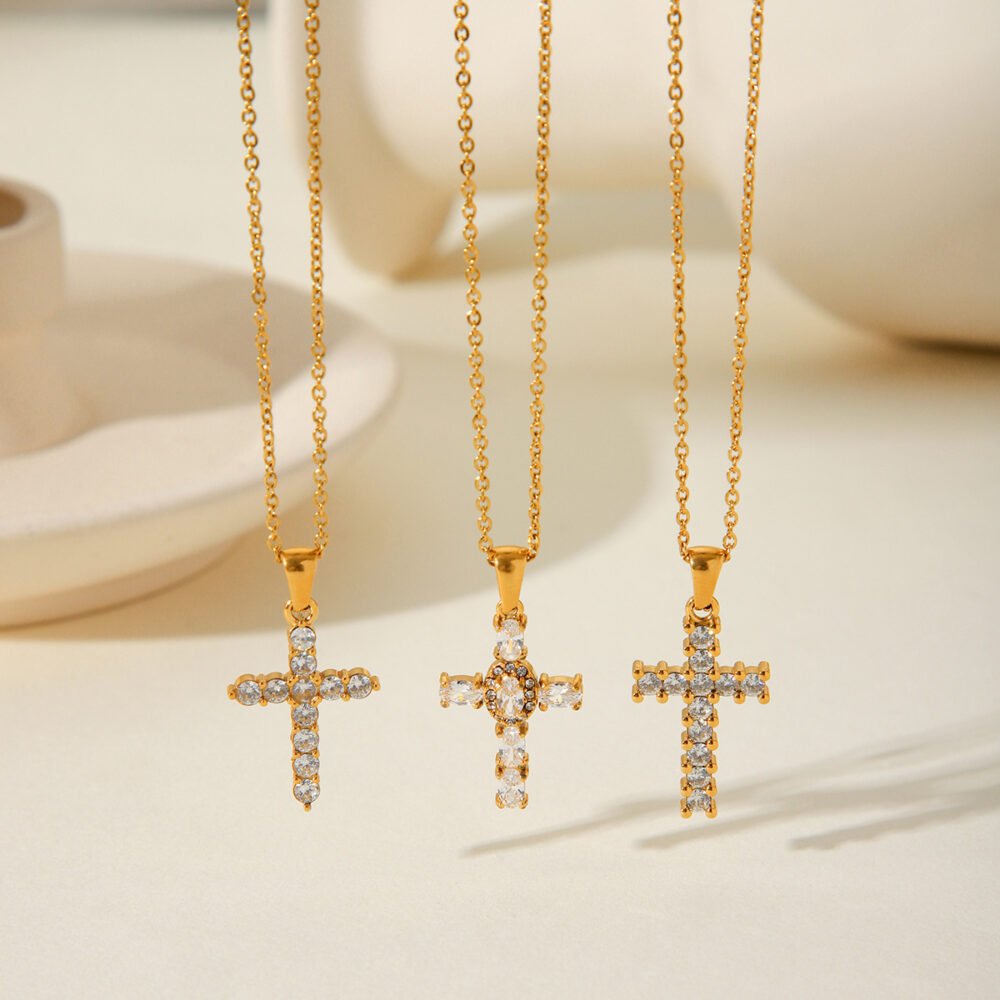 Stainless Steel Cross Inlaid Zircon Necklace