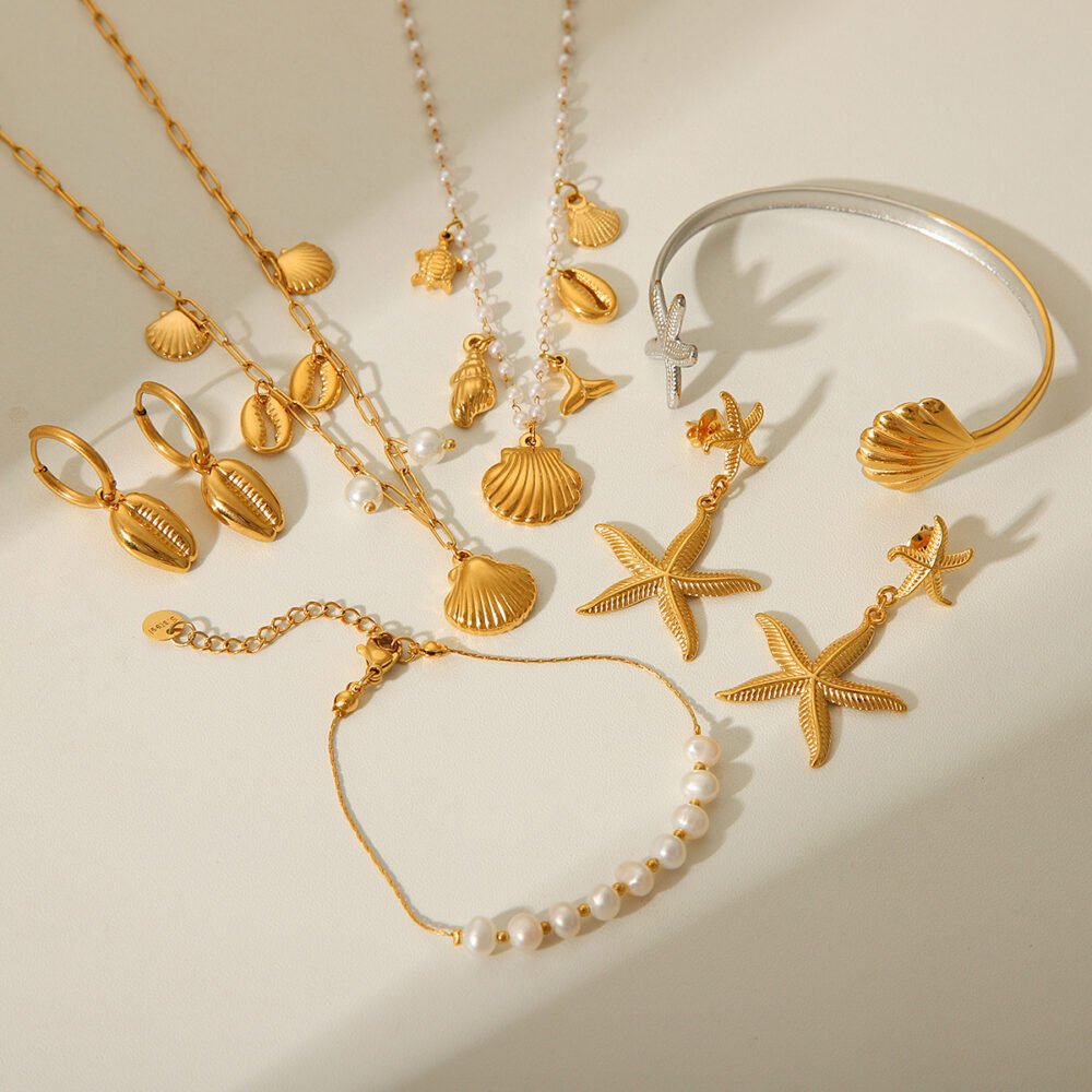 Ocean Stainless Steel Starfish Pearl Scallop Jewelry Set - Image 4
