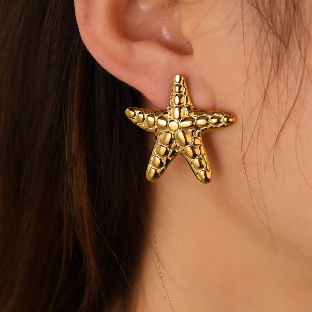 Marine Life Beach Five Pointed Starfish Hollow Earrings - Image 2