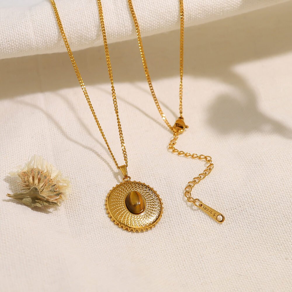 Stainless Steel Tiger Eye Stone Embossed Round Pendant Necklace - Image 2