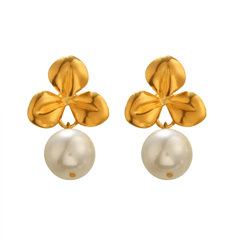 Stainless Steel Flower Pearl Earrings - Image 5