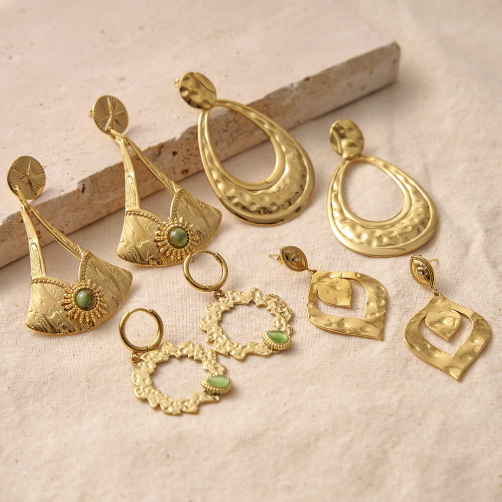 Irregular Round Green Natural Stone Water Drop Earrings