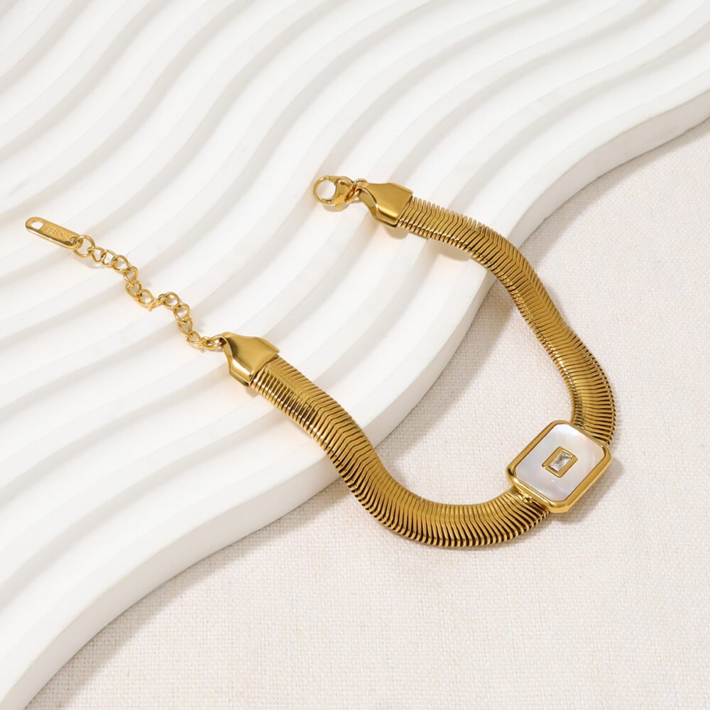 Shell Diamond Natural Stone Snake Bone Chain Bangle - Image 4