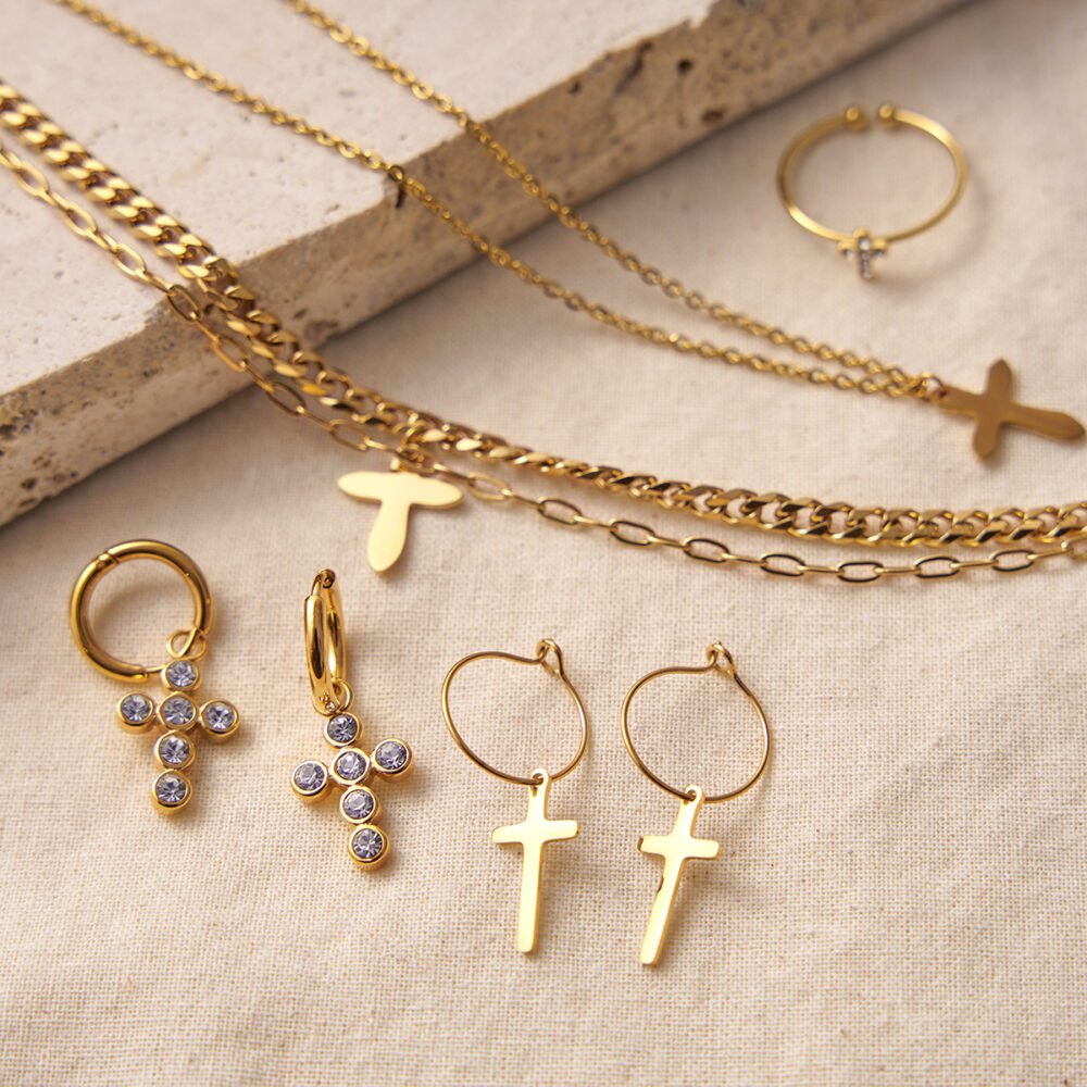 Cross Pendant Round Zircon Earring Necklace Set - Image 3