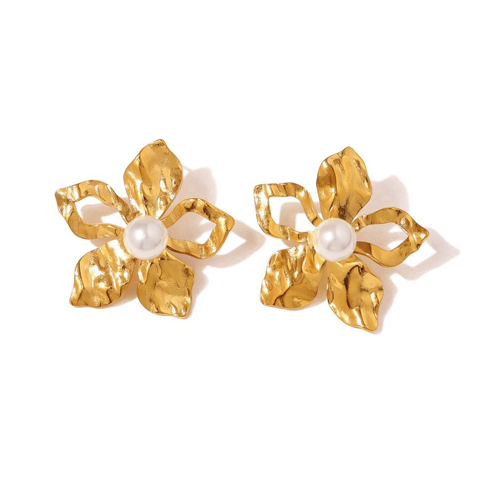 Stainless Steel Flower Pearl Earring Set - Image 5