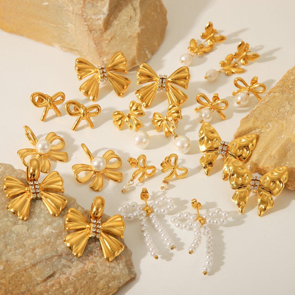 Bowknot Stainless Steel Butterfly Pearl Earrings