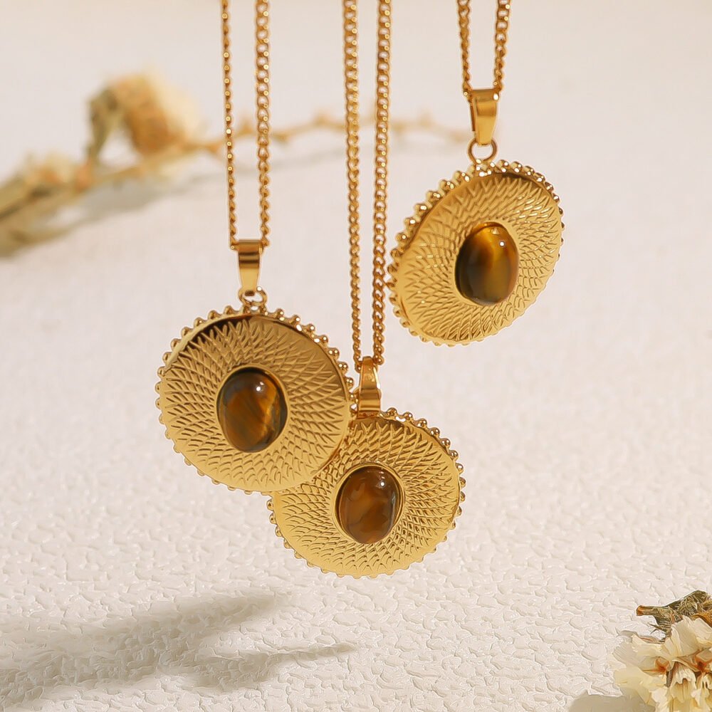 Stainless Steel Tiger Eye Stone Embossed Round Pendant Necklace