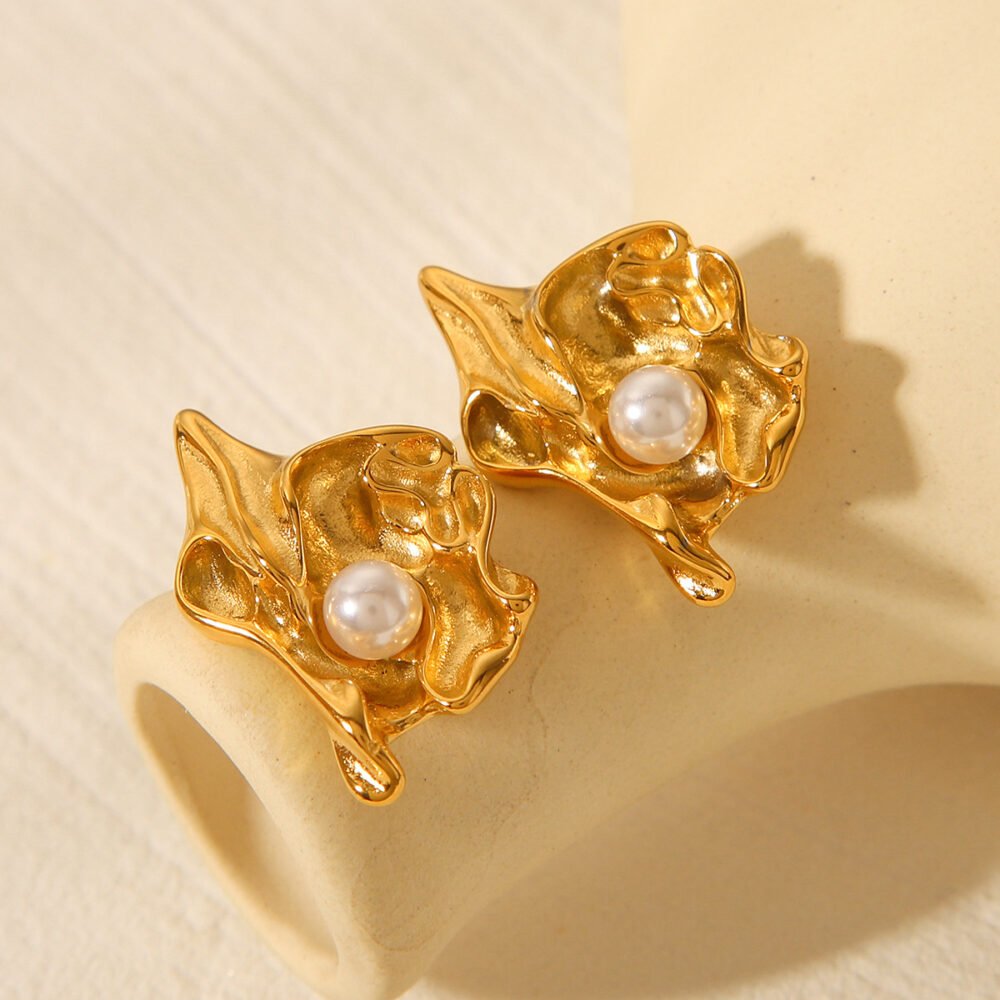 Stainless Steel Wrinkled Lava Flower Pearl Earrings - Image 4