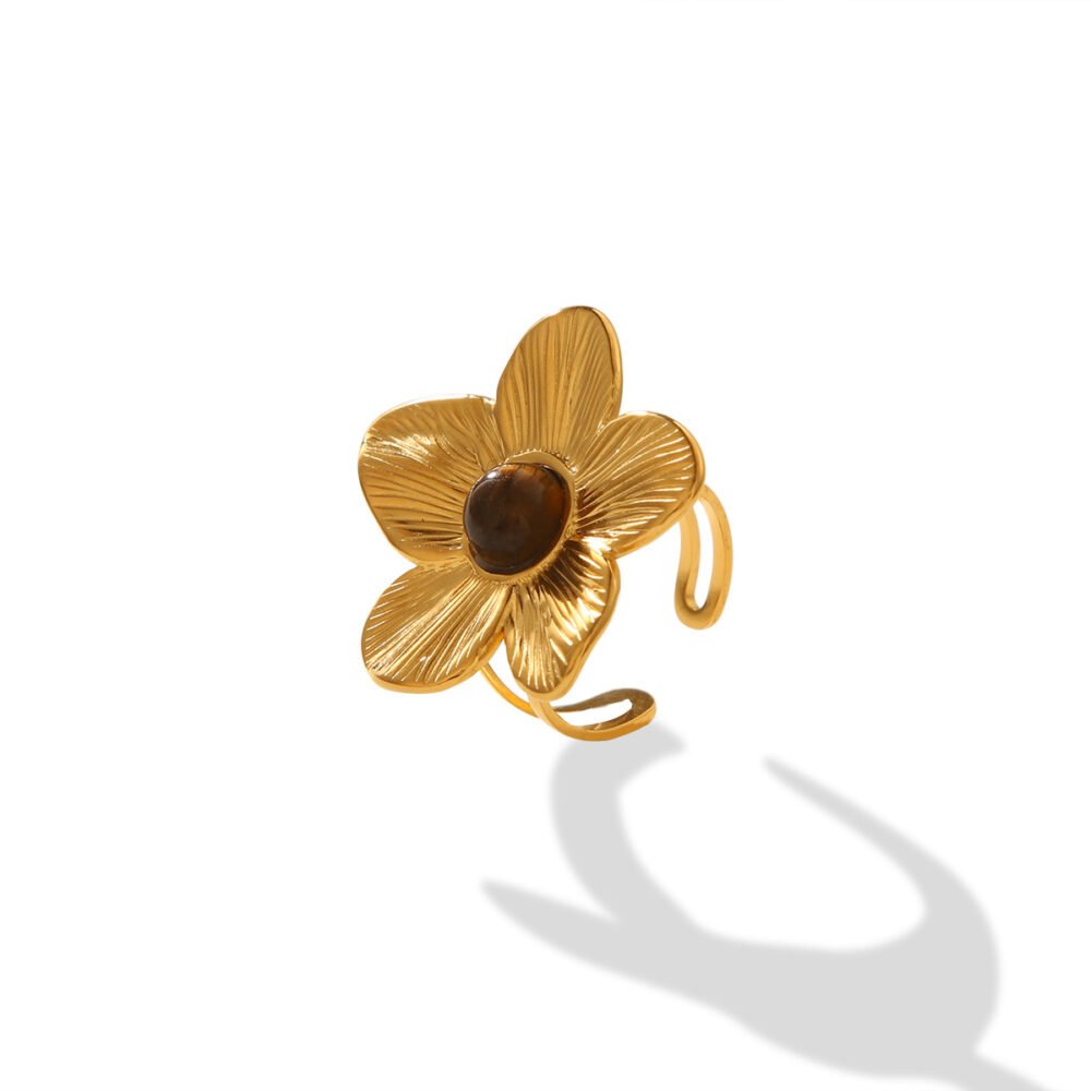 Stainless Steel Inlaid Tiger Eye Stone Flower Ring - Image 5