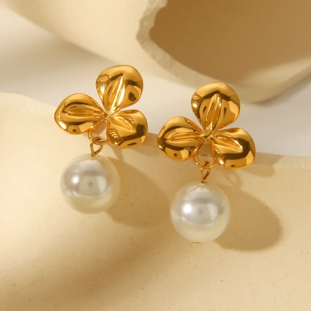 Stainless Steel Flower Pearl Earrings - Image 2