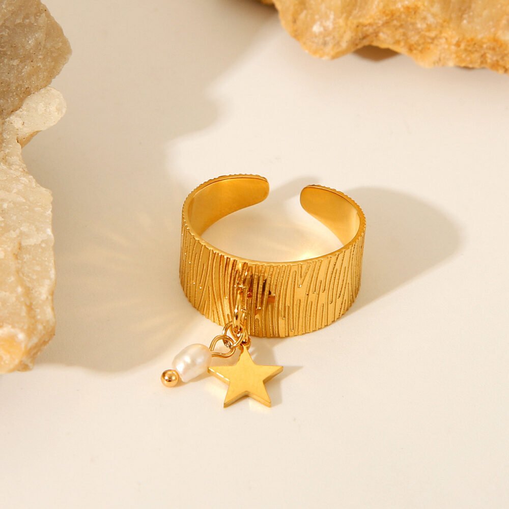 Stainless Steel Open Freshwater Pearl Star Ring