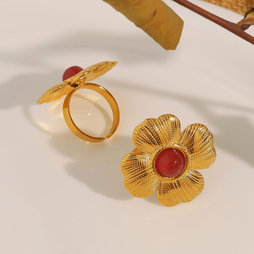 Embossed Petal Natural Stone Flower Earring Ring - Image 3
