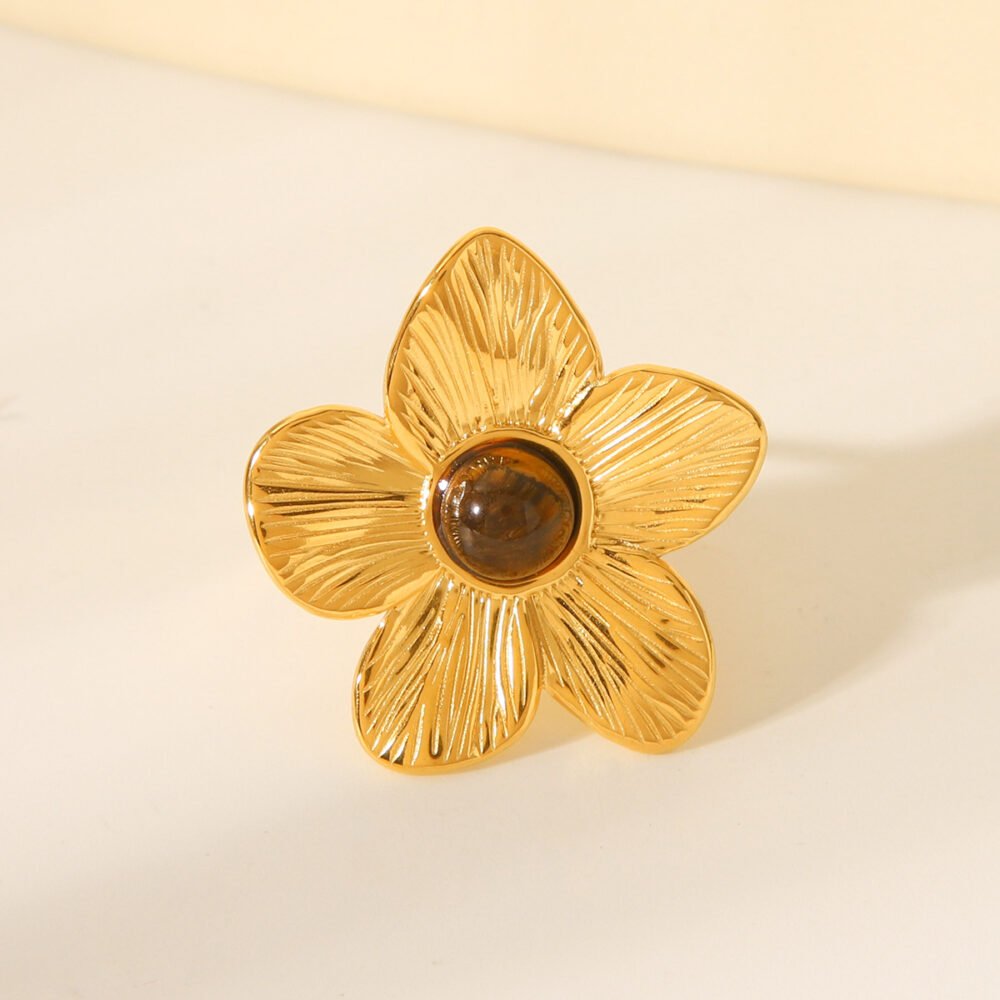 Stainless Steel Inlaid Tiger Eye Stone Flower Ring - Image 4