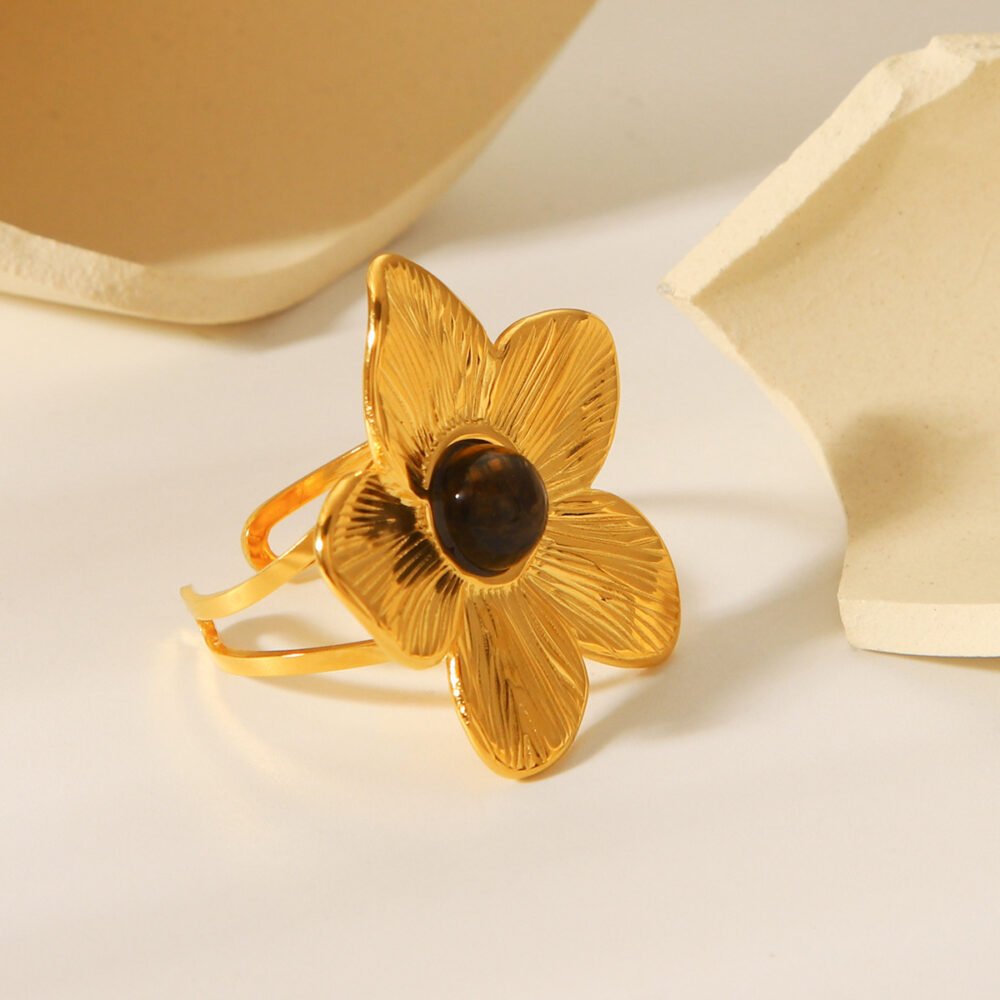 Stainless Steel Inlaid Tiger Eye Stone Flower Ring - Image 2