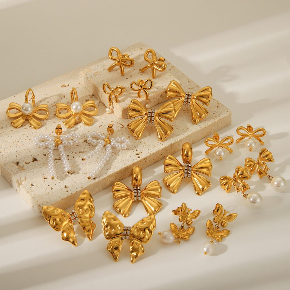 Bowknot Stainless Steel Butterfly Pearl Earrings - Image 4