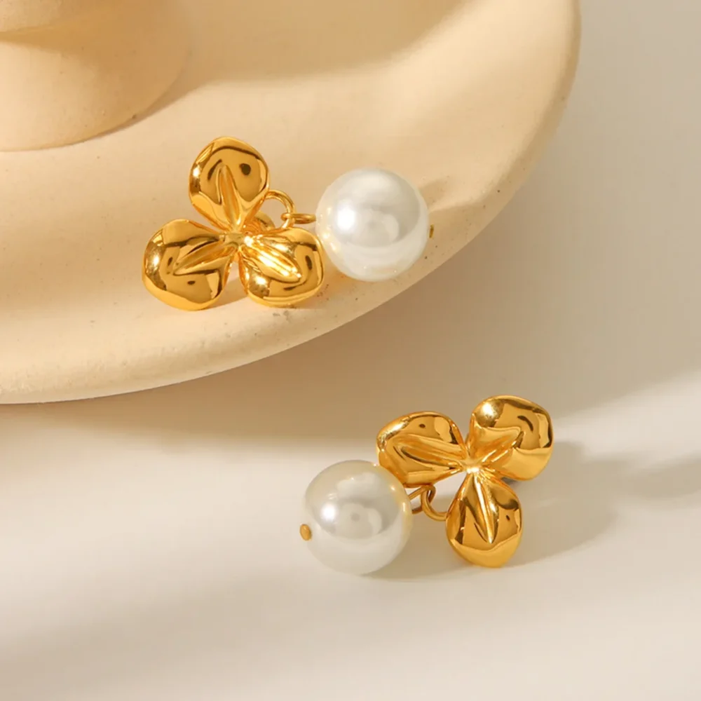 Stainless Steel Flower Pearl Earrings - Image 3