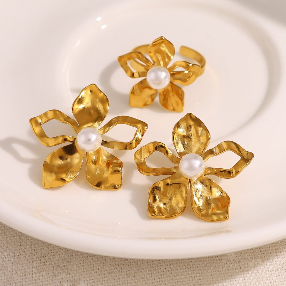 Stainless Steel Flower Pearl Earring Set - Image 3