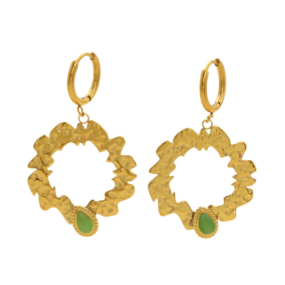 Irregular Round Green Cat'S Eye Teardrop Earrings - Image 5