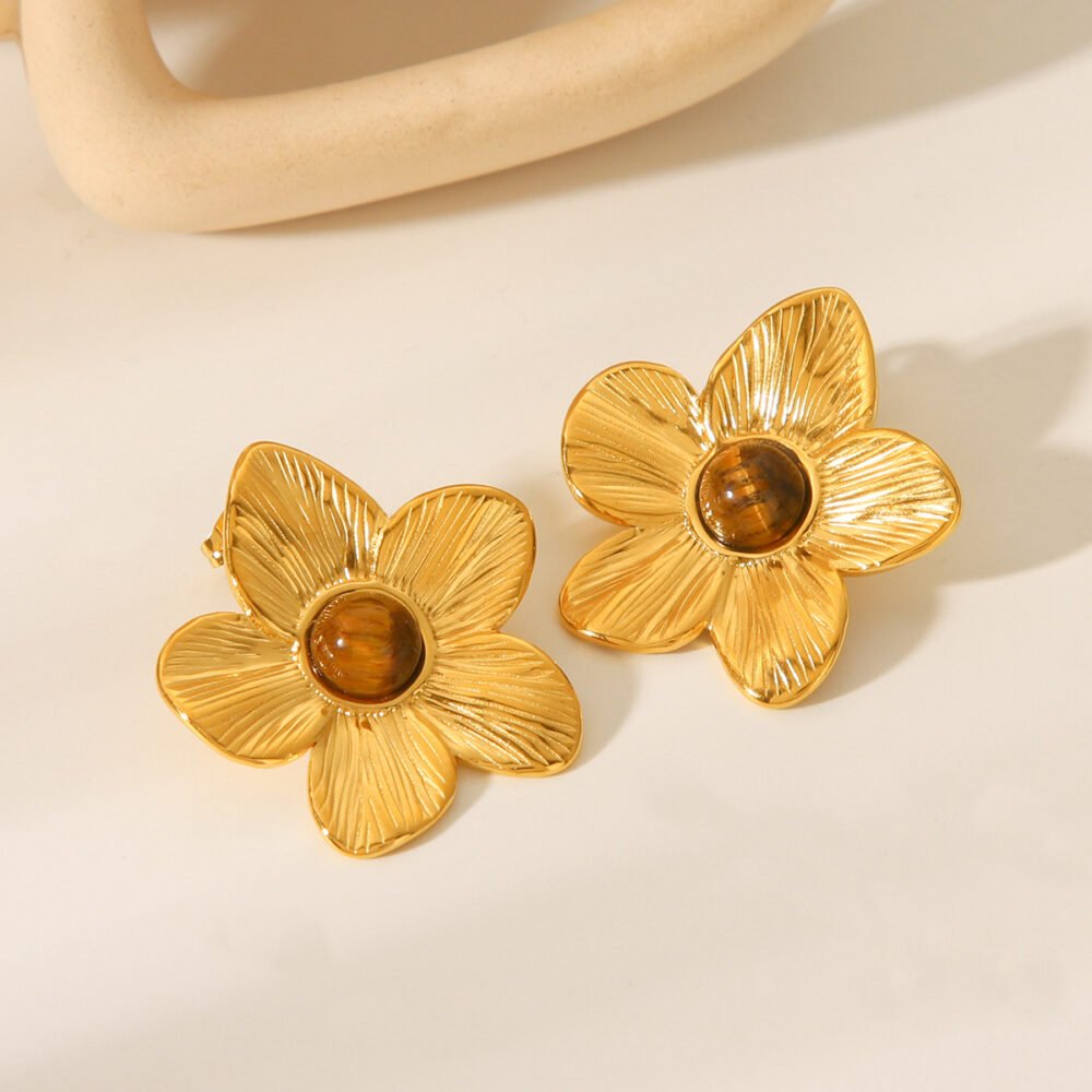 Stainless Steel Inlaid Tiger Eye Stone Flower Earrings - Image 4