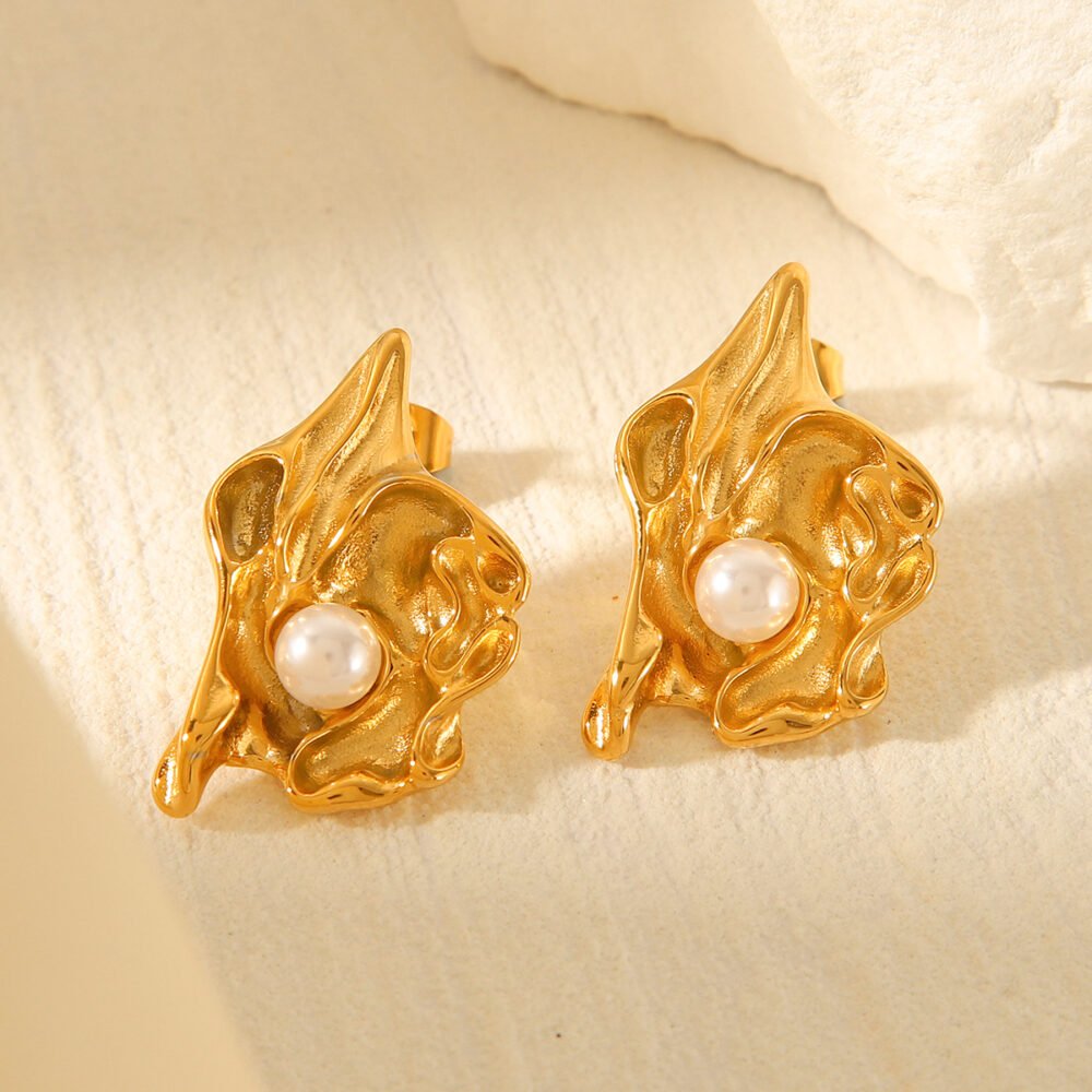 Stainless Steel Wrinkled Lava Flower Pearl Earrings