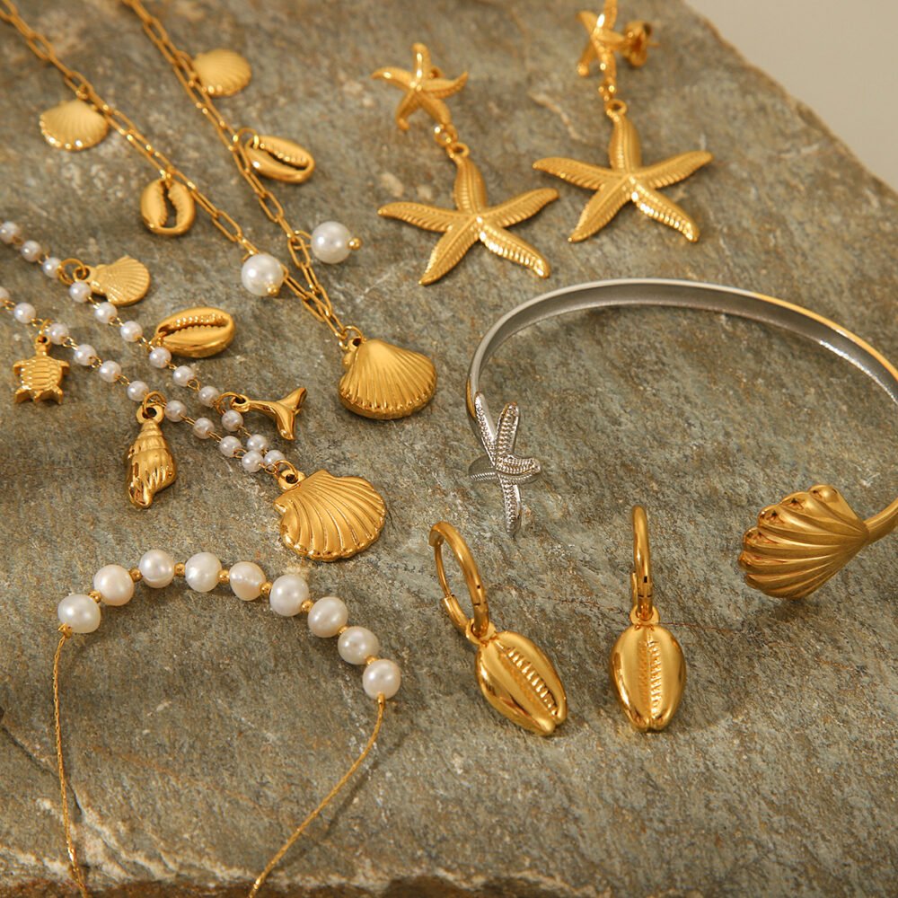 Ocean Stainless Steel Starfish Pearl Scallop Jewelry Set - Image 2