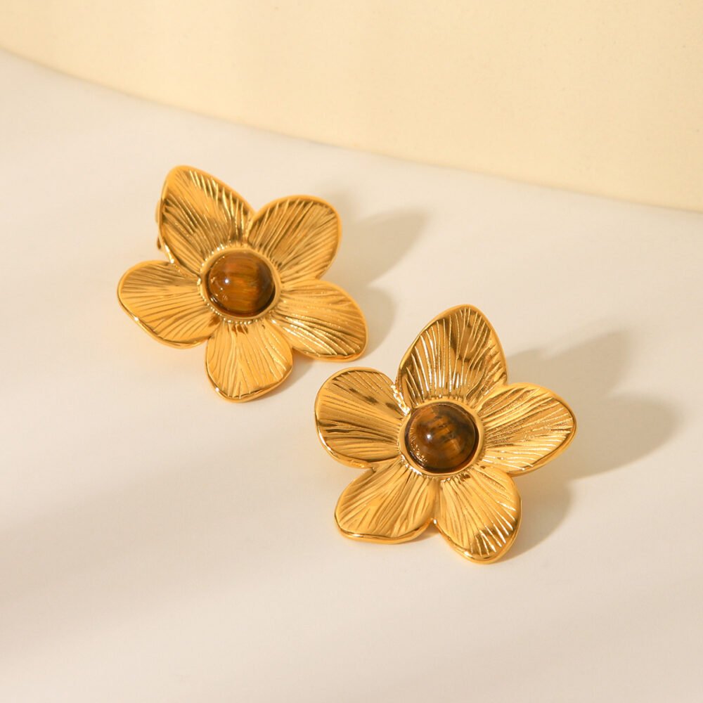Stainless Steel Inlaid Tiger Eye Stone Flower Earrings - Image 3