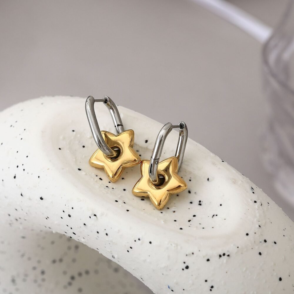 High Lucky Star Contrast Metal Five-Pointed Star Oval Ear Buckle Earrings - Image 3